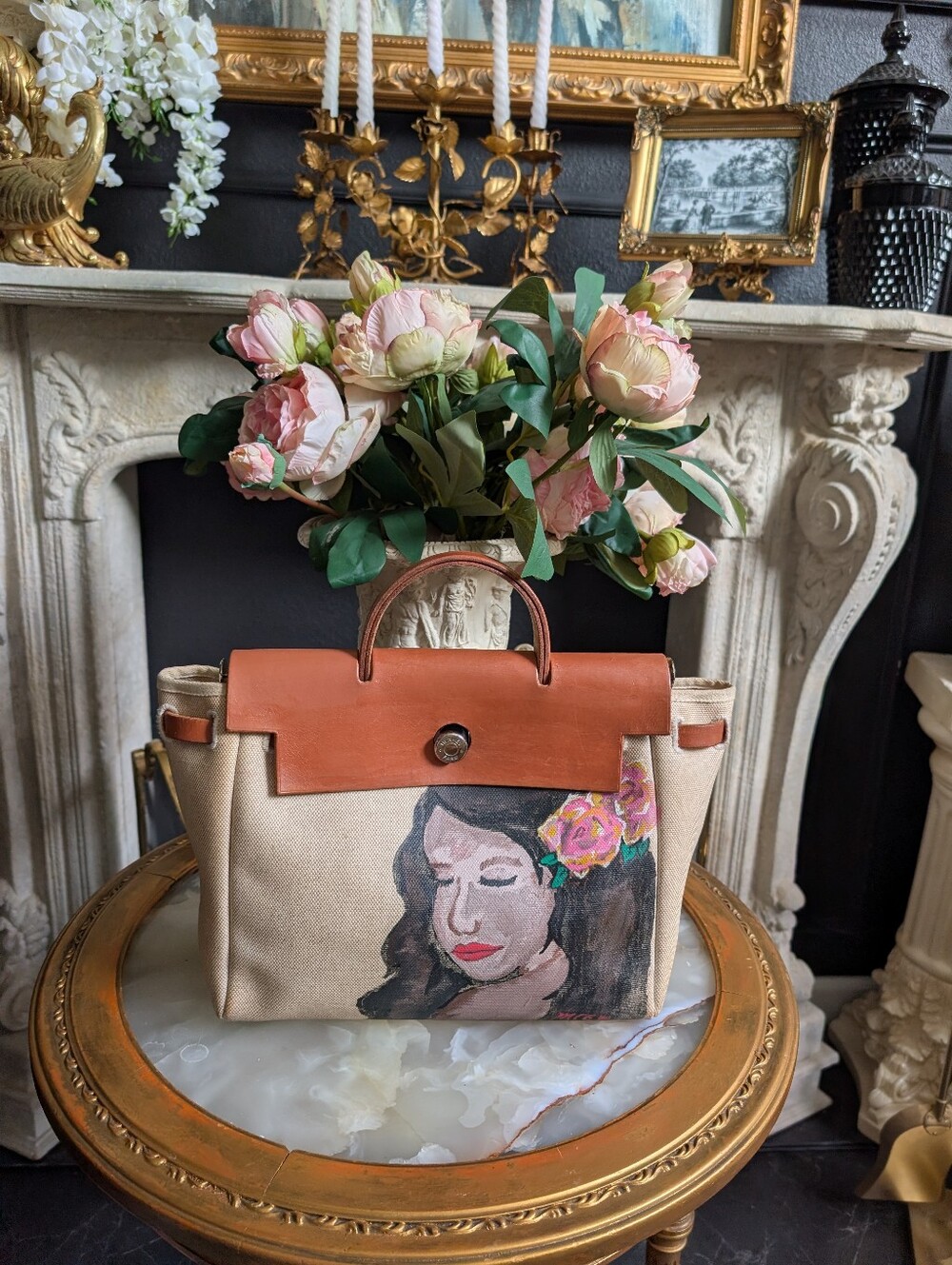 Vintage Hermès Herbag PM Hand-Painted Portrait, Original Customized Artwork